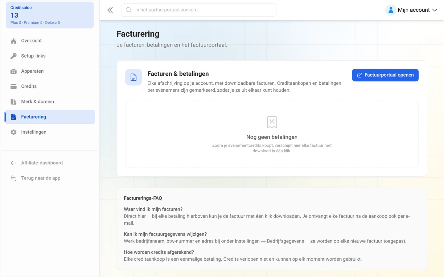 Pagina Facturering met de lijst Facturen & betalingen