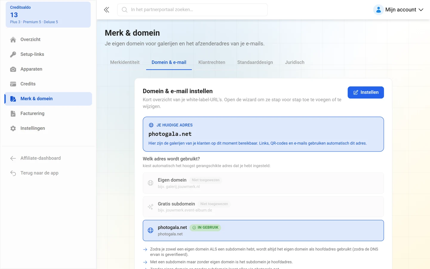 Tabblad Domein en e-mail van het merkbeheer