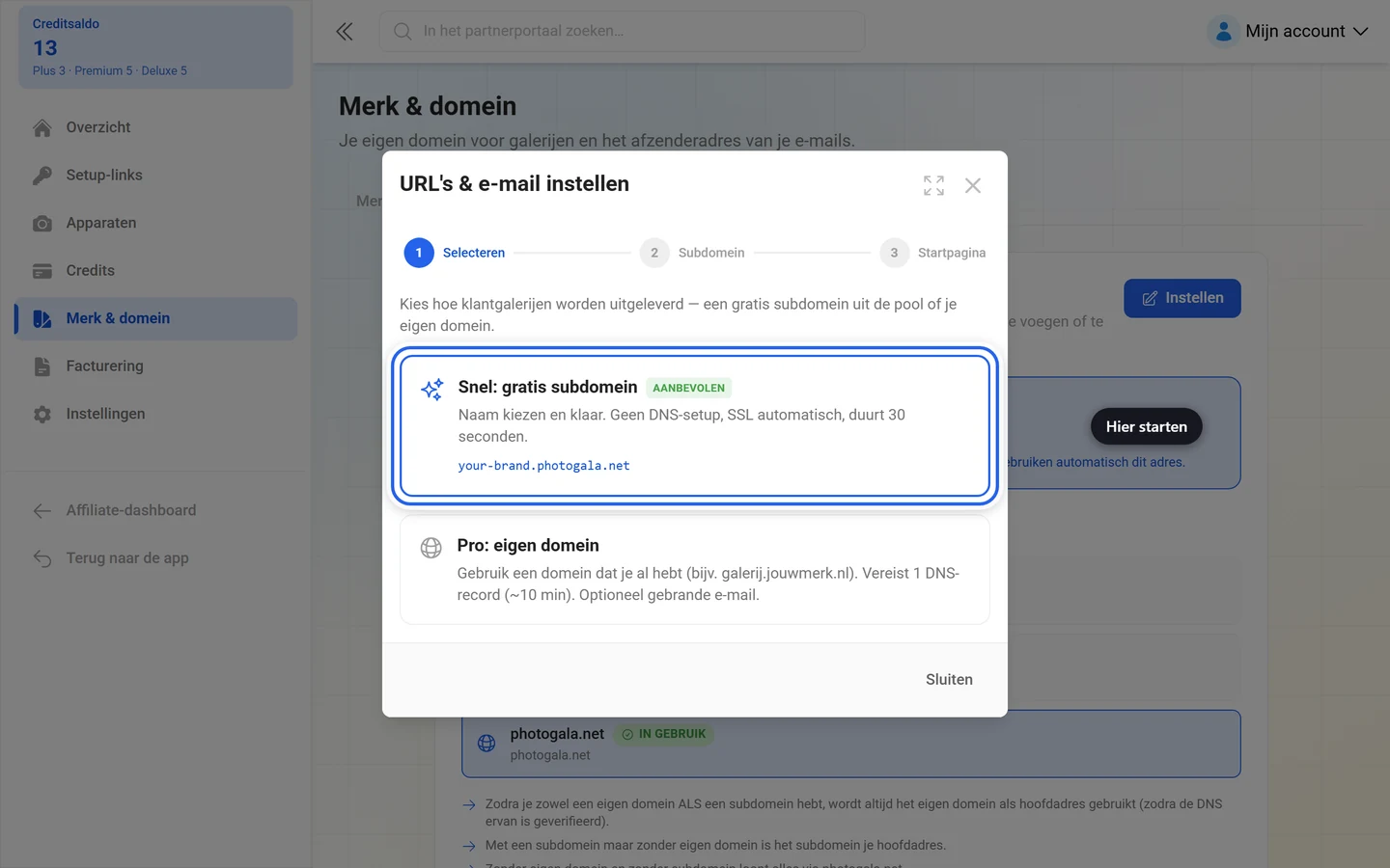 Eerste stap van de URL-wizard met gemarkeerde tegel Snel gratis subdomein