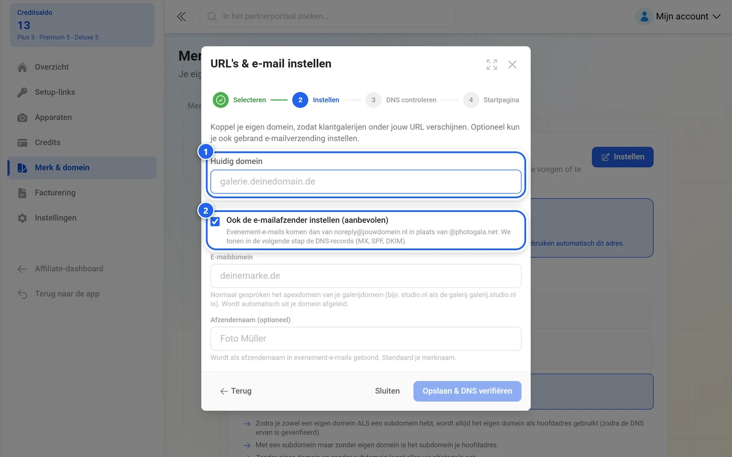 Wizardstap Eigen domein met gemarkeerd domeinveld en gemarkeerd vinkje voor de e-mailafzender