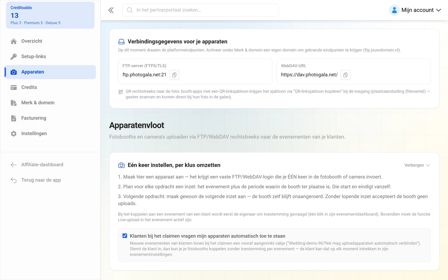 Kaart met FTP-server en WebDAV-URL van je eigen merk
