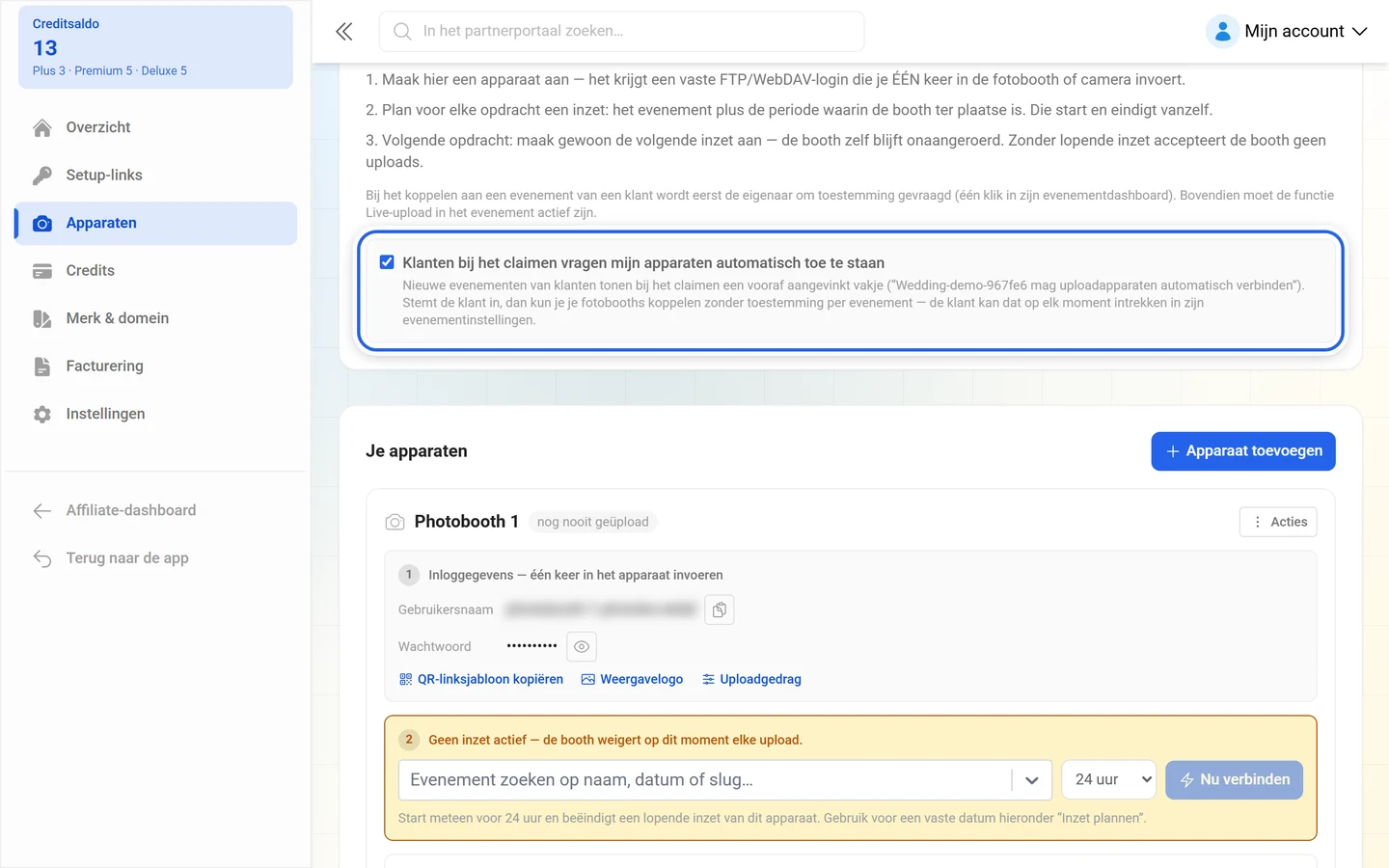 Gemarkeerd vinkje Klanten bij het claimen aanbieden om mijn apparaten automatisch toe te staan