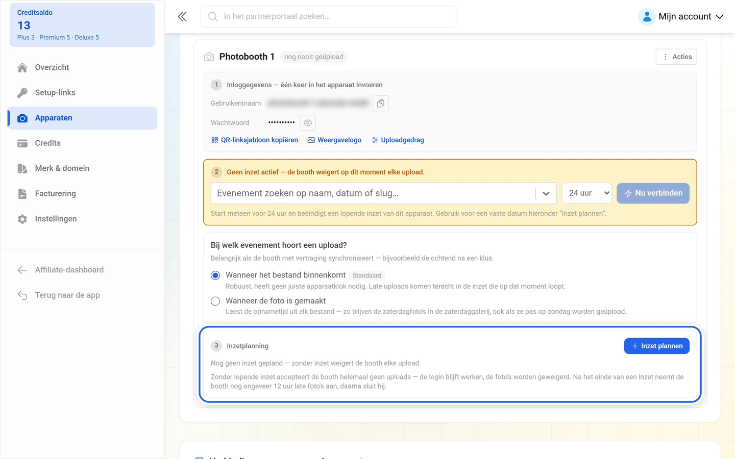 Onderdeel 3 van de apparaatkaart met de inzetplanning en de knop Inzet plannen