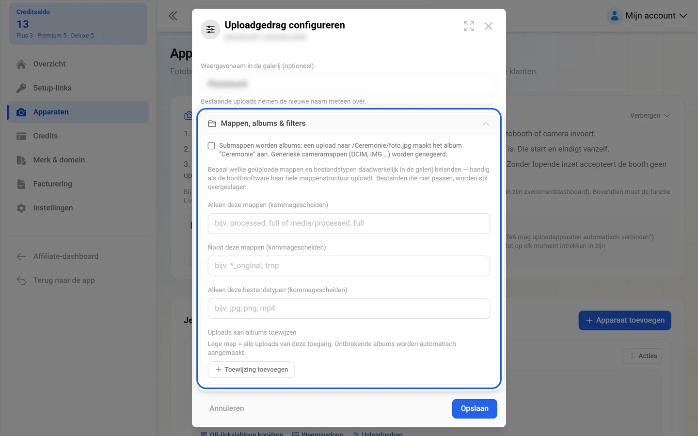 Dialoogvenster Uploadgedrag configureren met de gemarkeerde groep Mappen, albums en filters