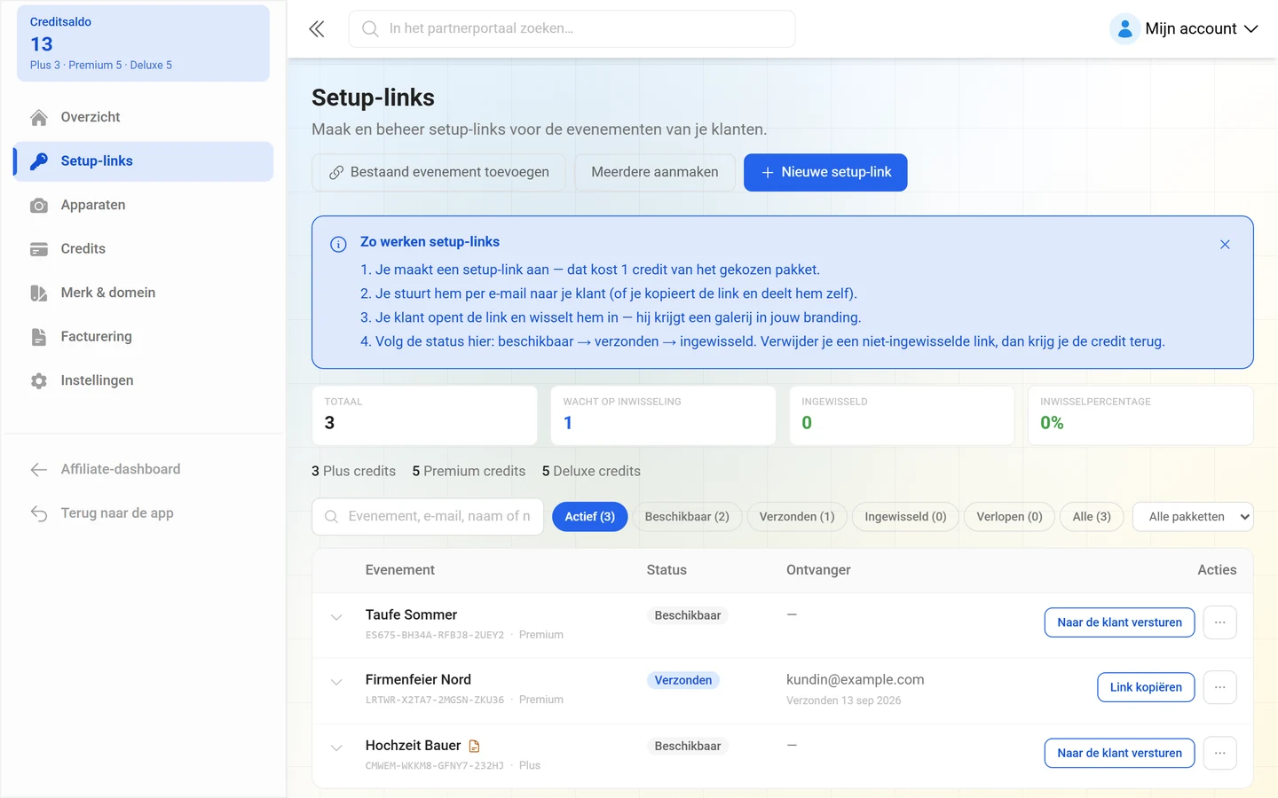 Pagina Setup-links met kerncijfers en lijst met sleutels