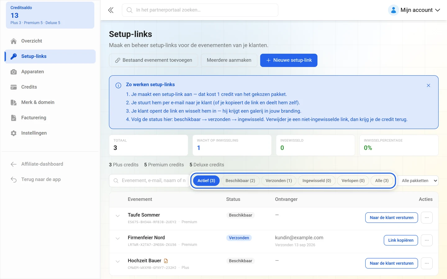 Filterknoppen van de setup-linklijst met tellers, gemarkeerd