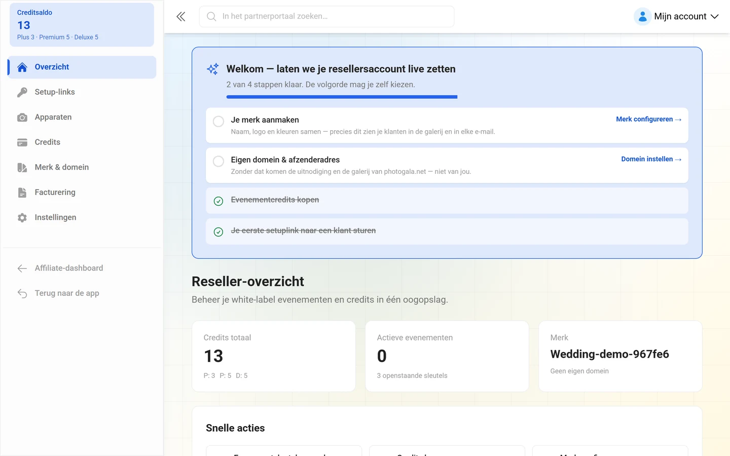 Overzichtspagina van het reseller-portaal