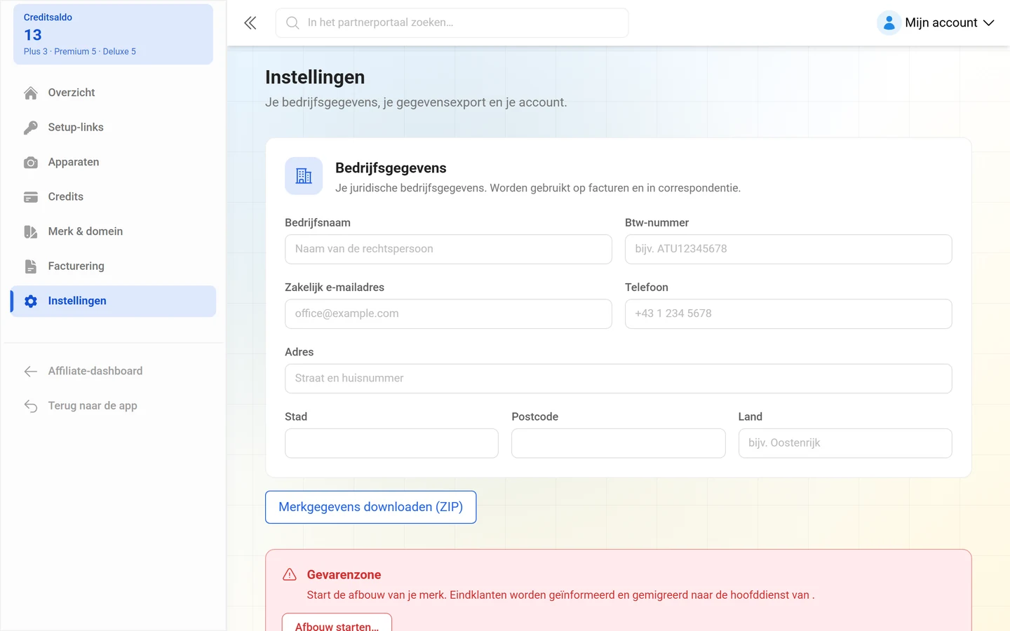 Pagina Instellingen met het formulier Bedrijfsgegevens