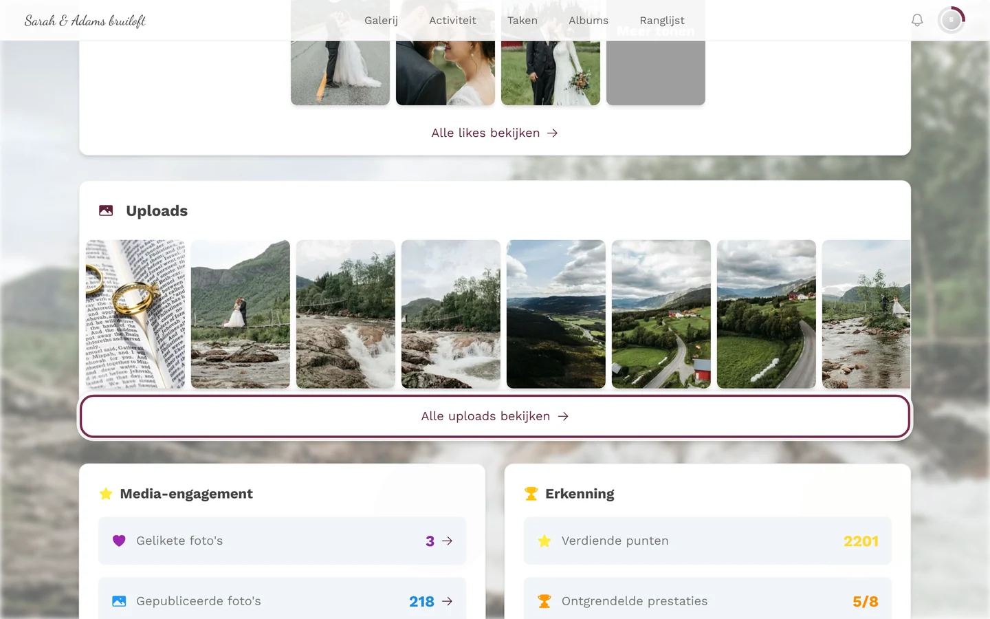 Profielpagina, gedeelte Uploads met gemarkeerde link Alle uploads bekijken