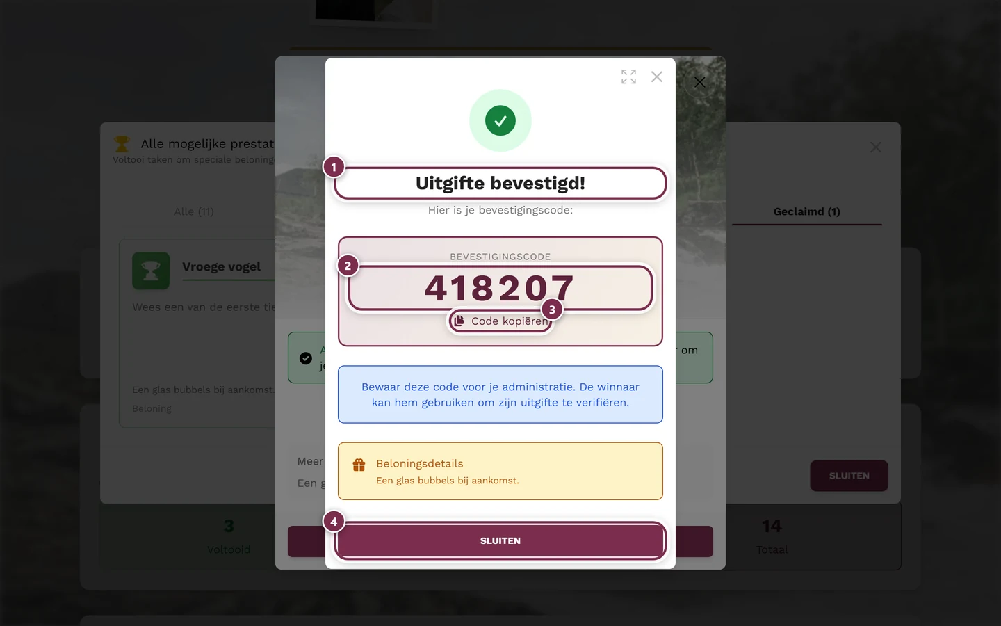 Succesdialoog met zescijferige bevestigingscode en vier markeringen
