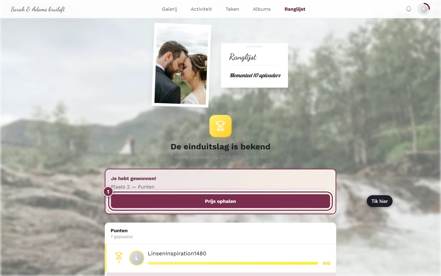 Kaart Je hebt gewonnen met de plaats en de knop Prijs ophalen