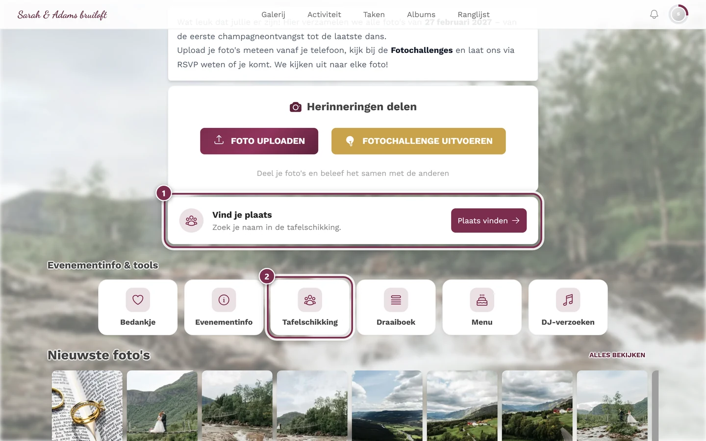 Startpagina van het event met de kaart Vind je plaats en de tegel Tafelschikking