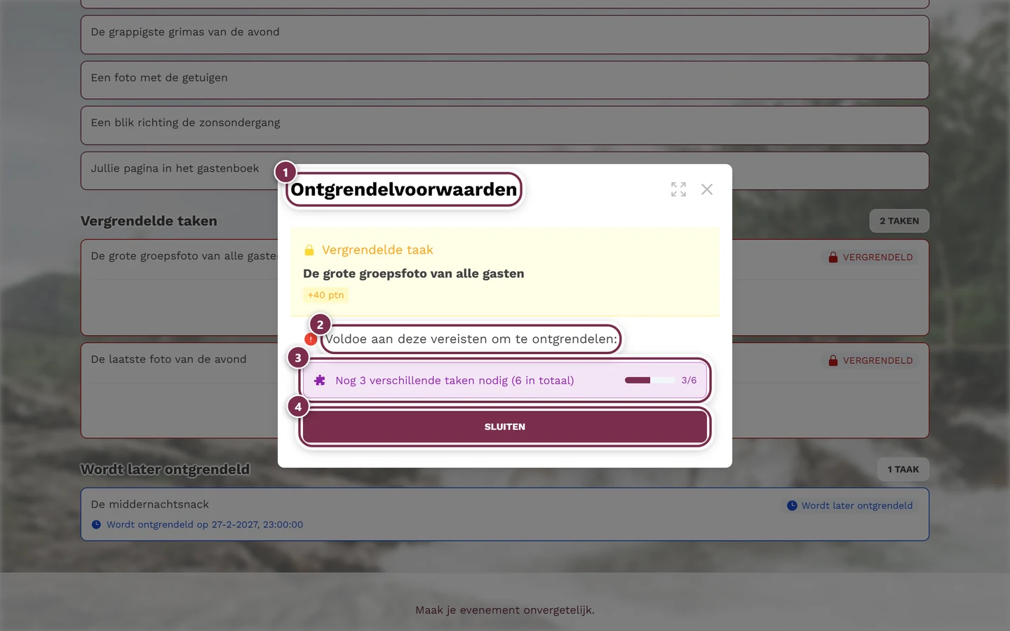 Venster Ontgrendelvoorwaarden met vier markeringen: titel, inleiding, eerste voorwaarde met voortgangsbalk, Sluiten-knop