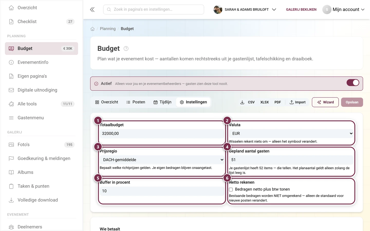 Instellingen van het budget met totaalbudget, valuta, prijsregio, aantal gasten, buffer en netto-schakelaar