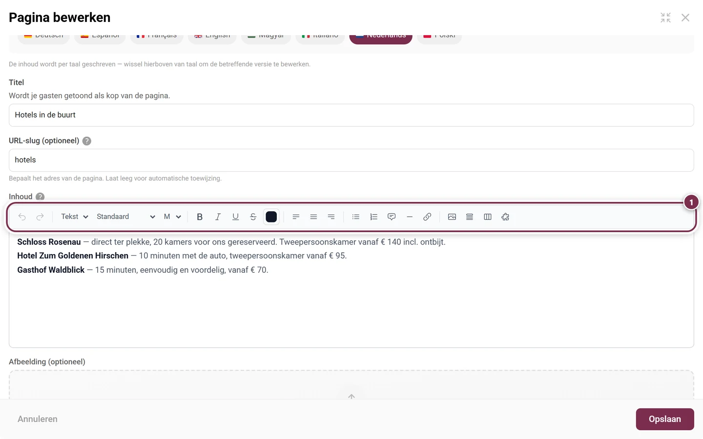 Paginavenster met gemarkeerde werkbalk van de rich-text-editor