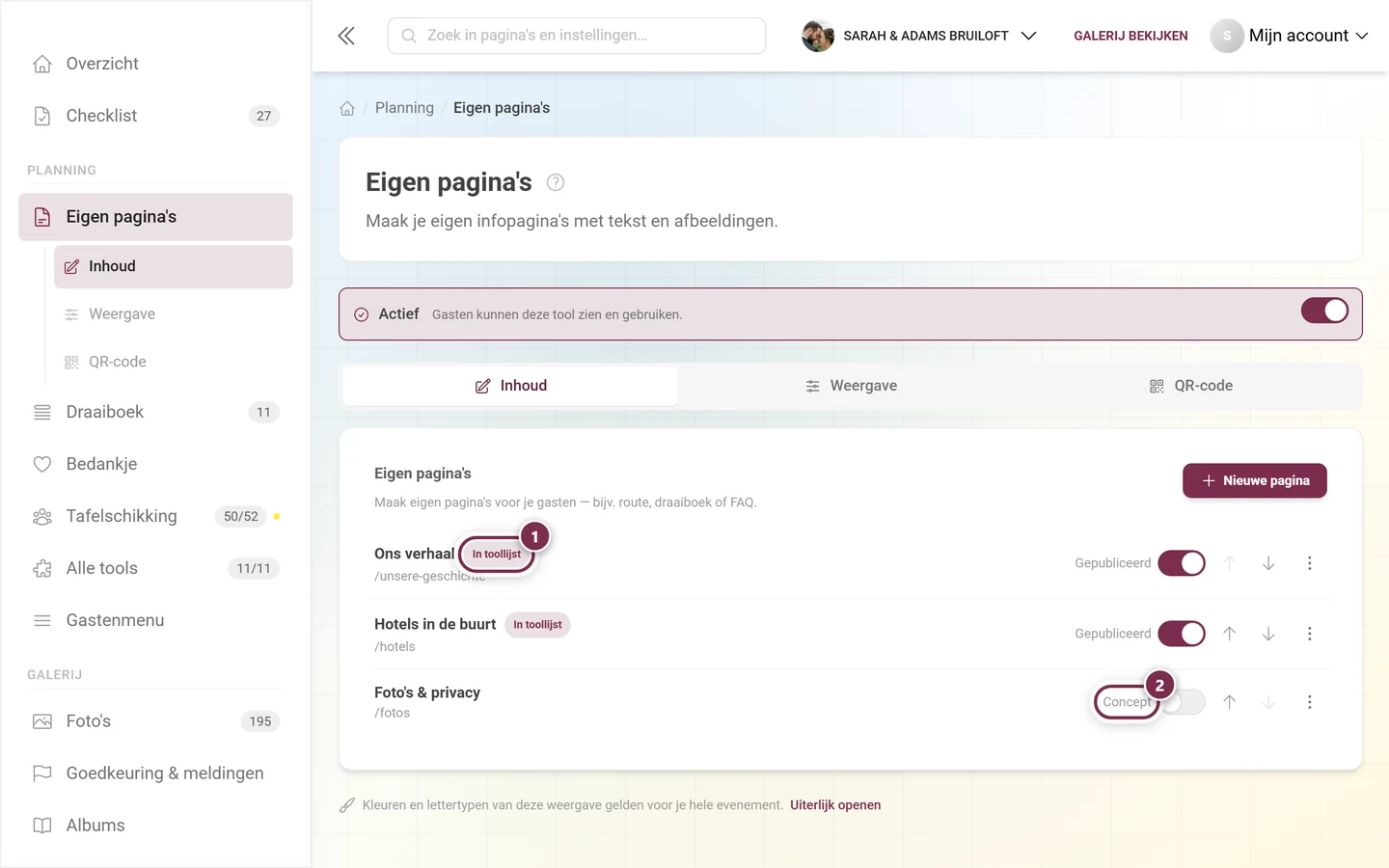 Twee regels naast elkaar, gemarkeerd zijn de chip In toollijst en de status Concept