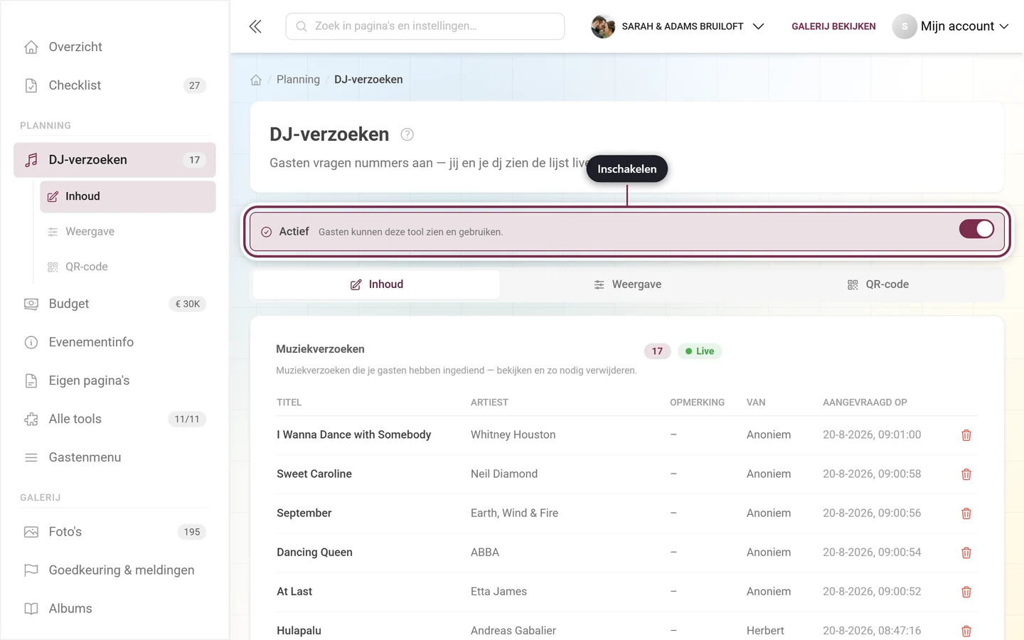 DJ-verzoeken-editor met gemarkeerde hoofdschakelaar