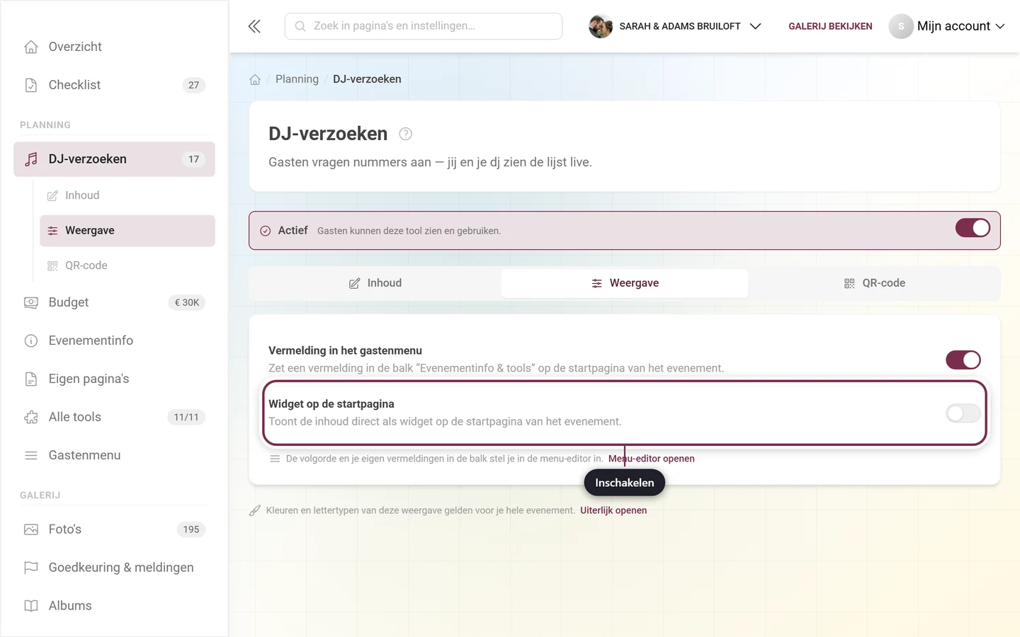 Tabblad Weergave van de DJ-verzoeken met gemarkeerde widgetschakelaar