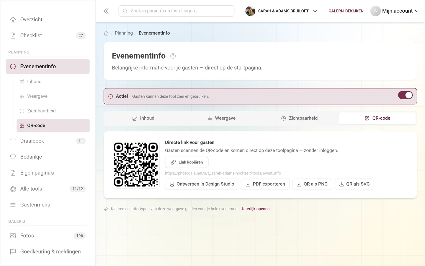 Tabblad QR-code van een tool met directe link, QR-afbeelding en de exportknoppen