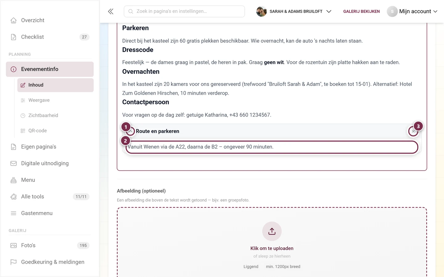 Uitklapbare sectie in de editor met titel, inhoudsgedeelte en verwijderknop