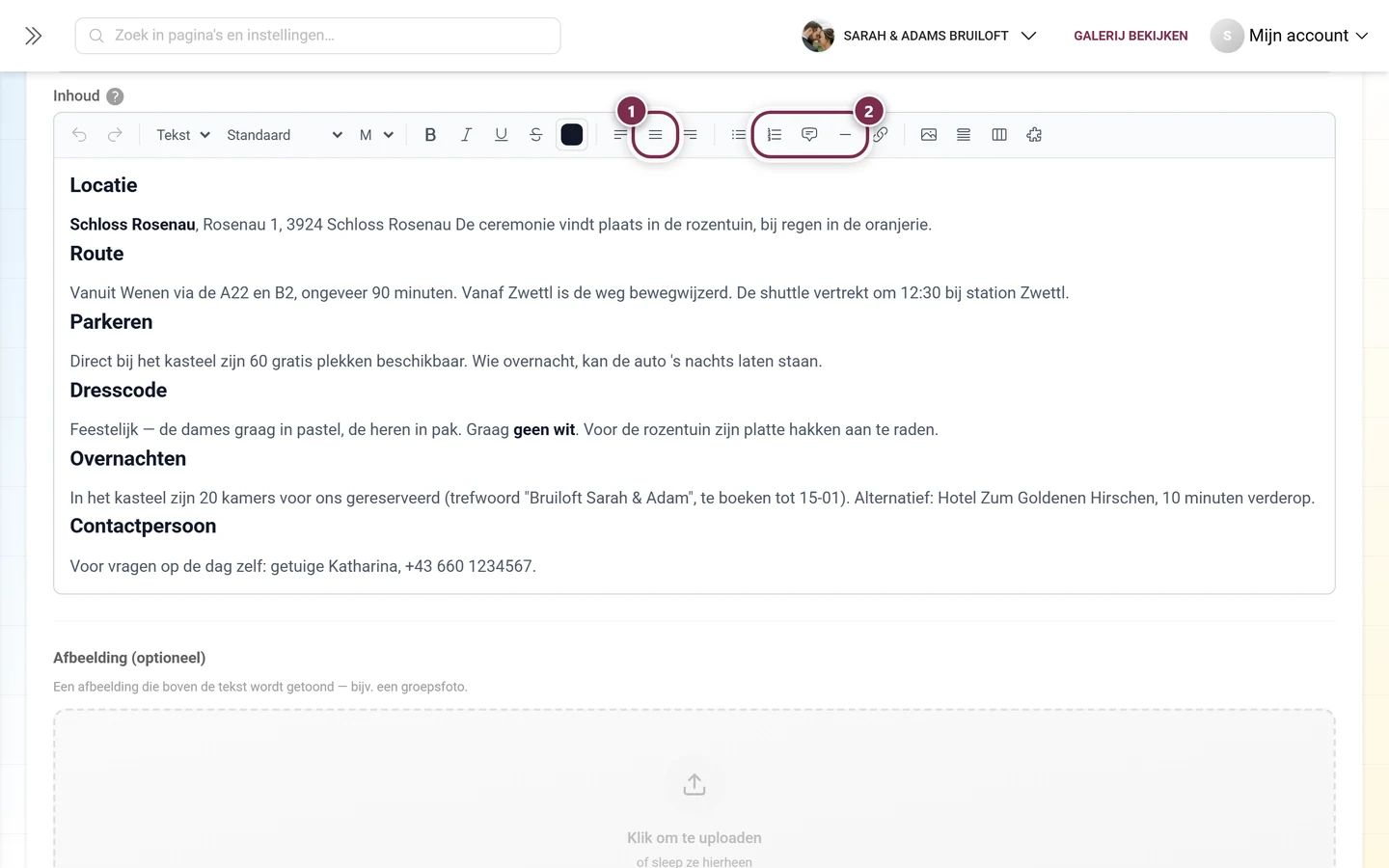 Werkbalk met gemarkeerde uitlijnings- en lijstknoppen