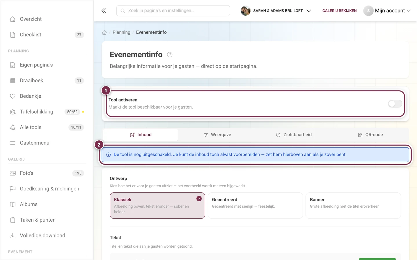 Evenementinfo-pagina met uitgeschakelde tool-schakelaar en blauwe melding daaronder