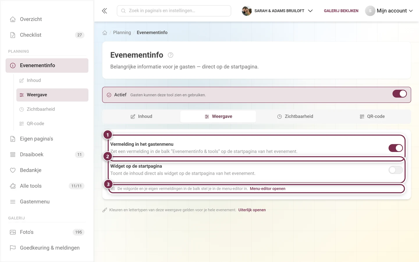 Tabblad Weergave met de schakelaars voor het gastenmenu-item en de startpaginawidget