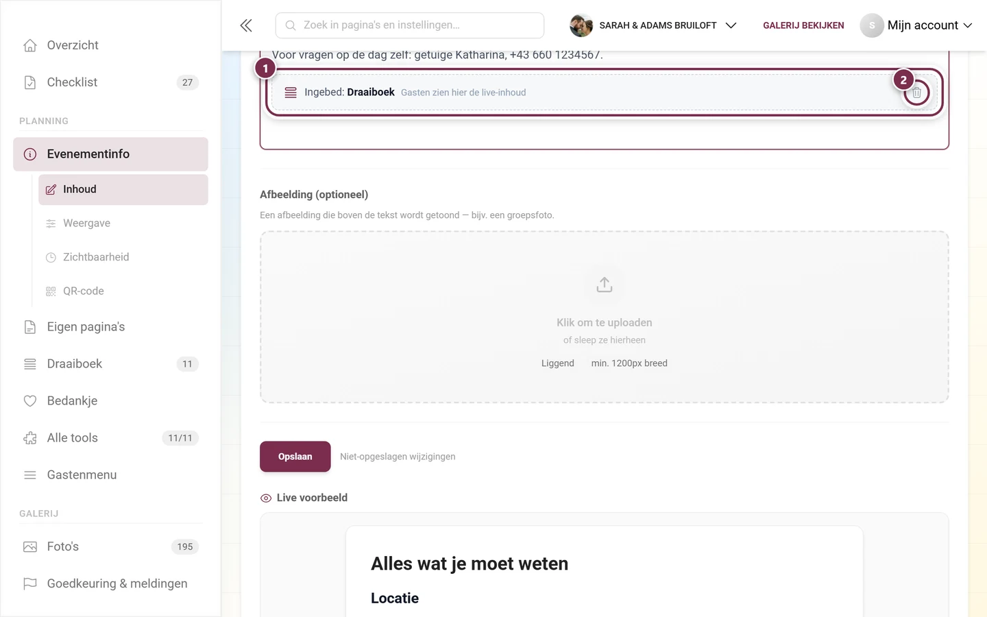 Placeholderkaart van een tool-inbedding in de editor met prullenbakknop