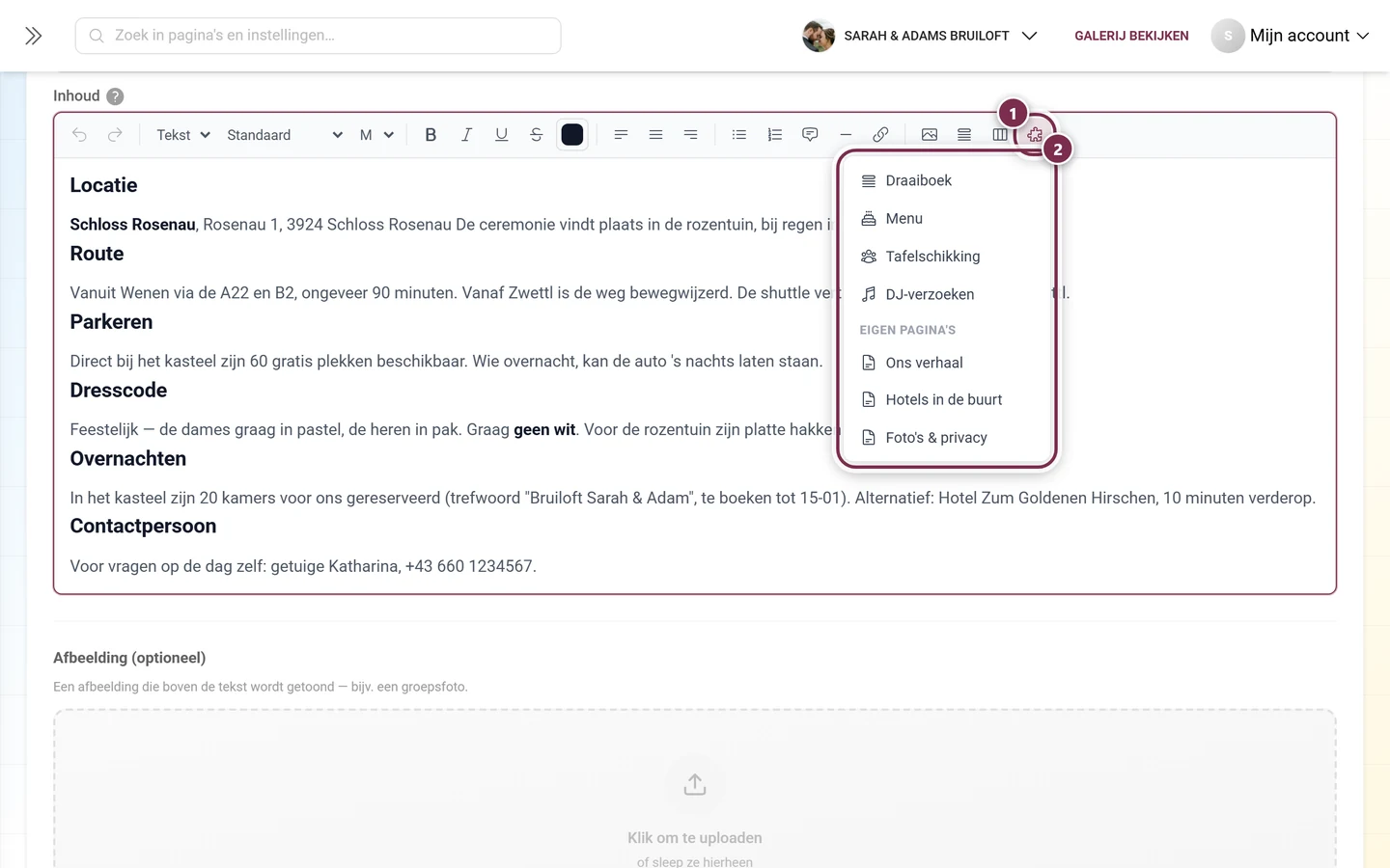 Opengeklapt menu Tool inbedden met de inbedbare tools