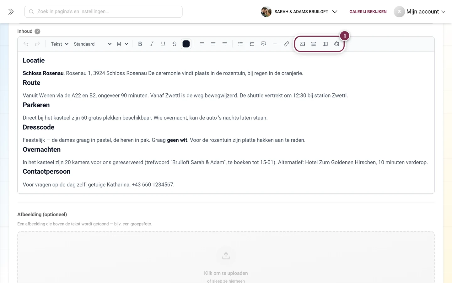 De vier invoegknoppen aan het rechtereinde van de werkbalk