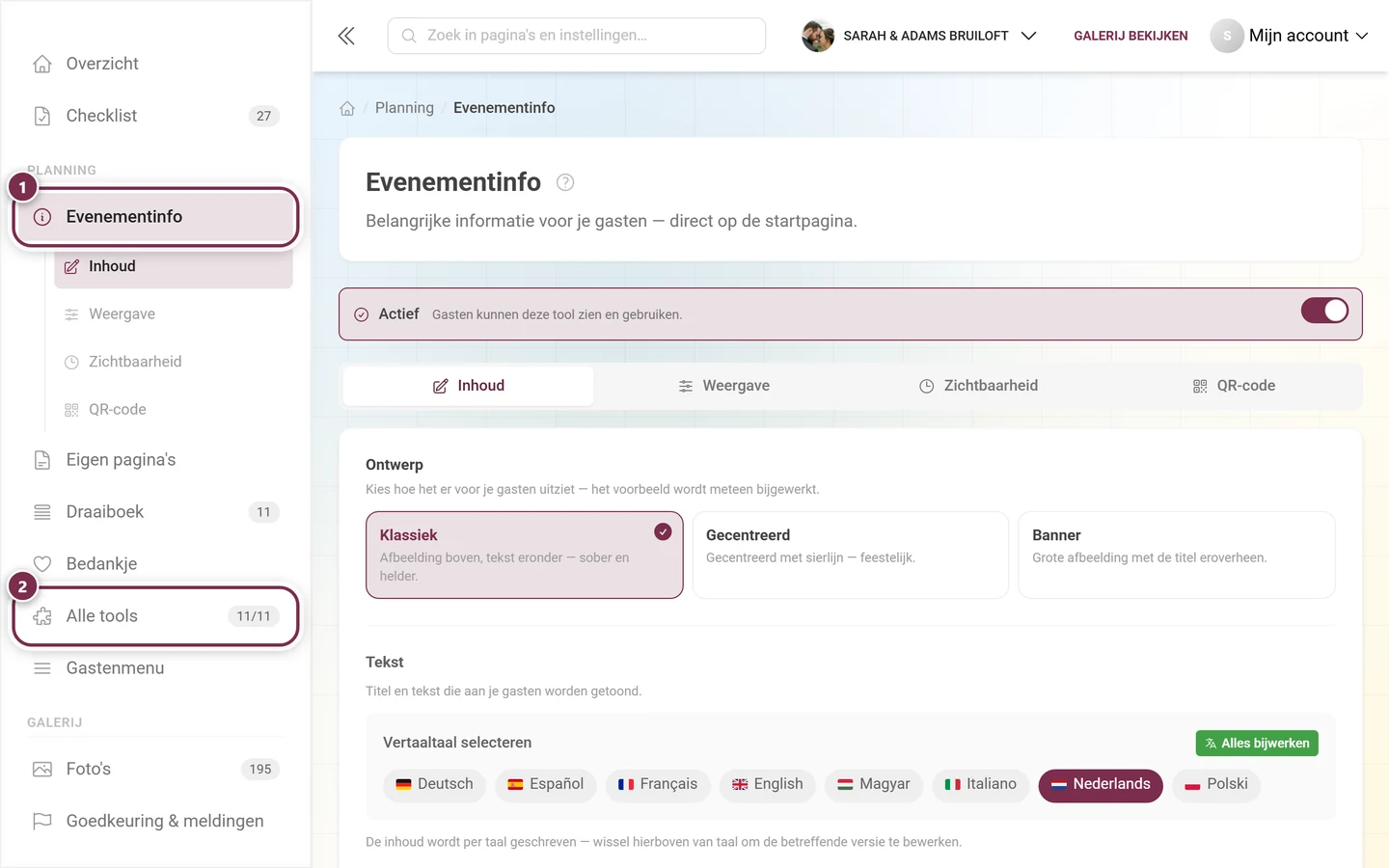 Linker navigatiebalk met opengeklapt item Evenementinfo en het item Alle tools