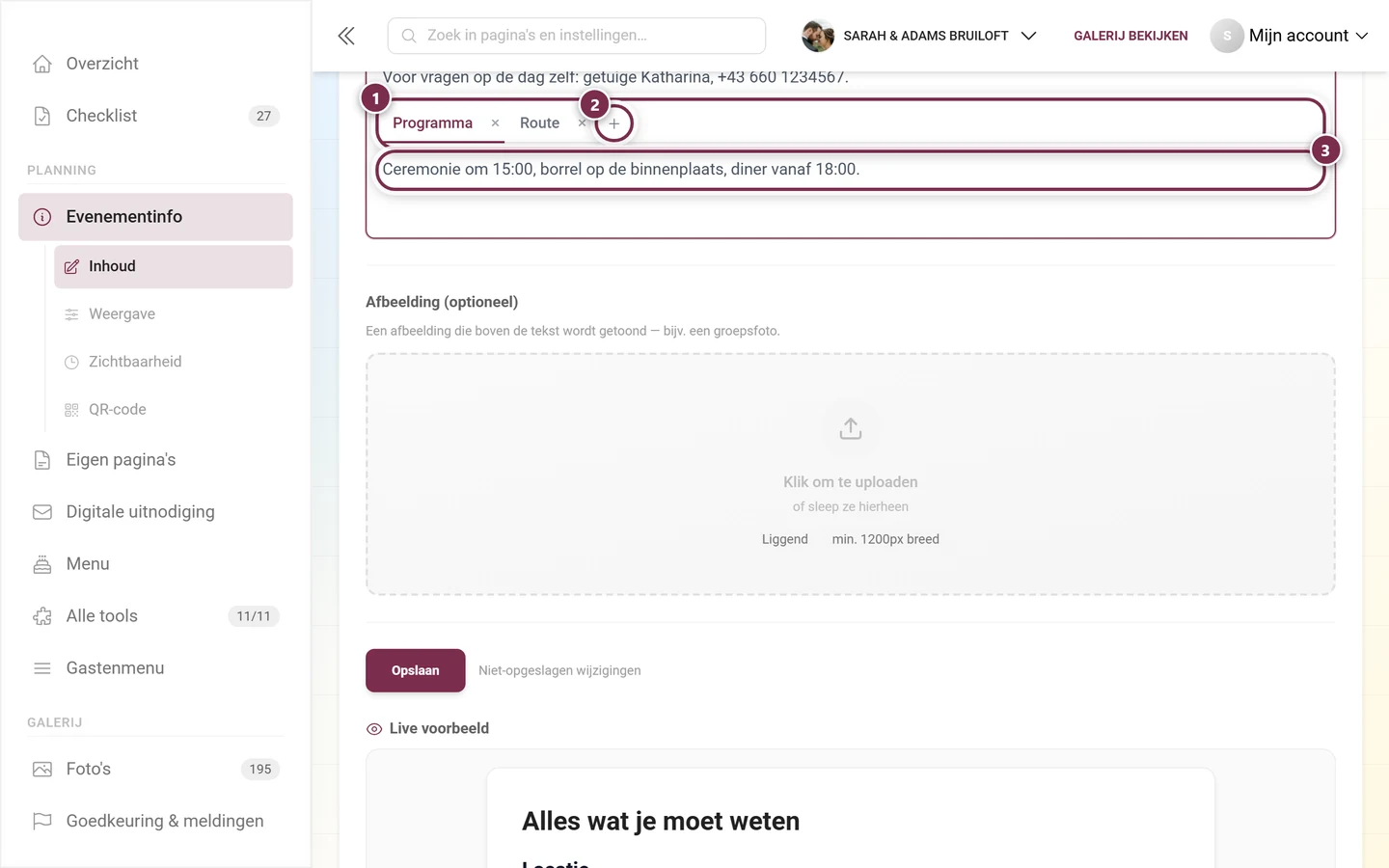 Tab-blok in de editor met tabbalk, plusknop en de inhoud van het actieve tabblad