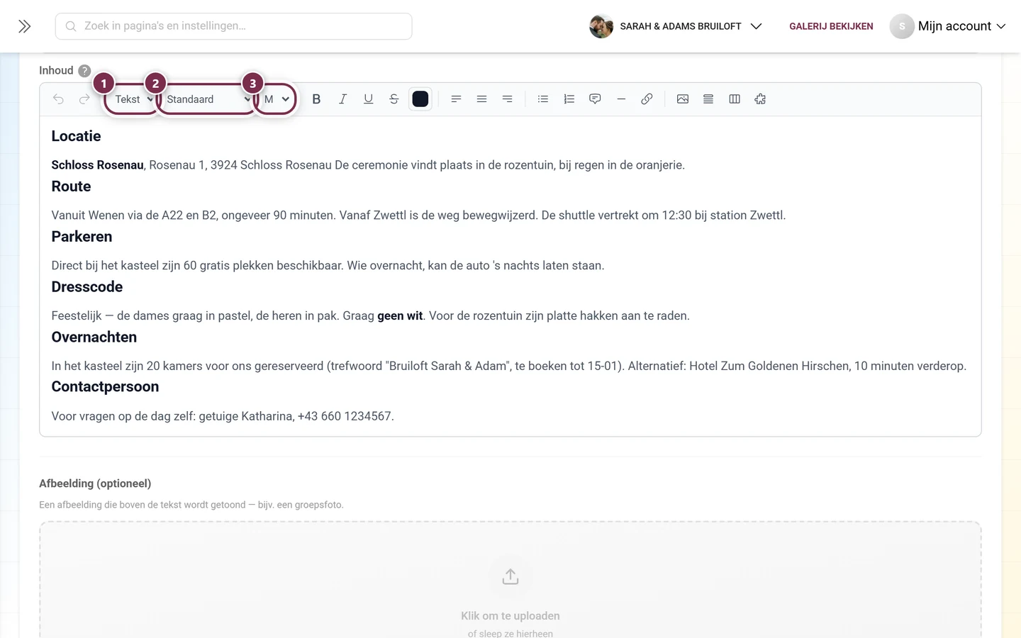 Werkbalk van de rich-text-editor met de drie gemarkeerde keuzevelden