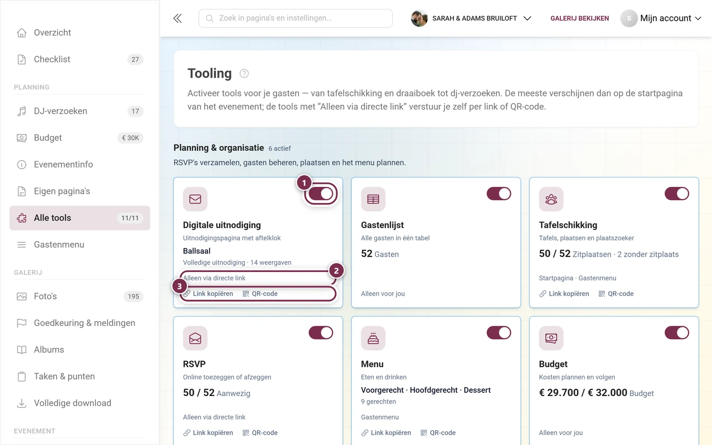 Het tooling-raster met tegels voor alle tools, gegroepeerd in drie categorieën