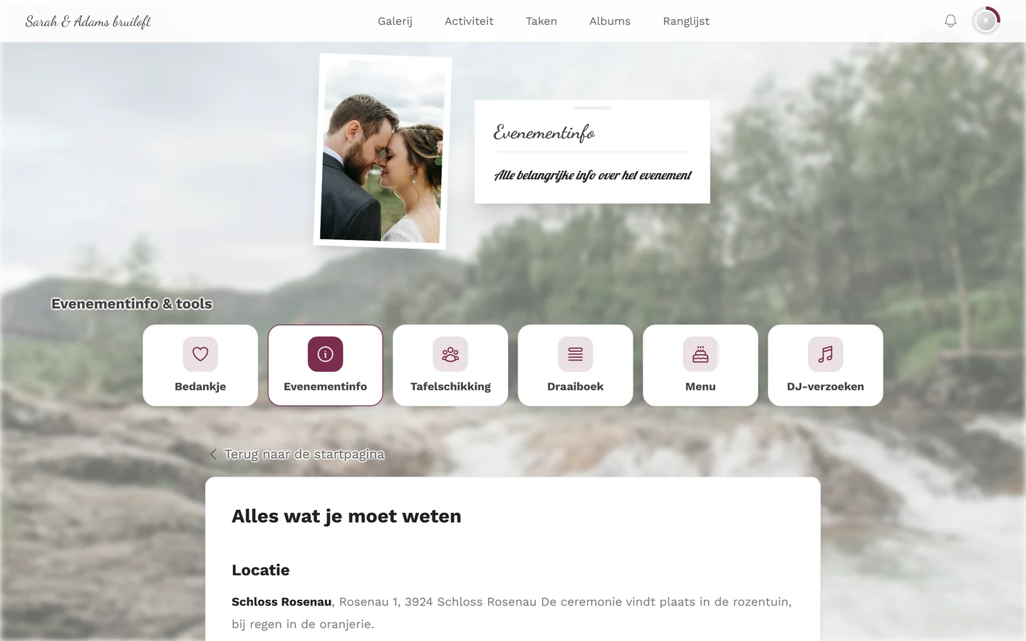 Toolpagina Evenementinfo vanuit gastperspectief met secties over locatie, route en parkeren