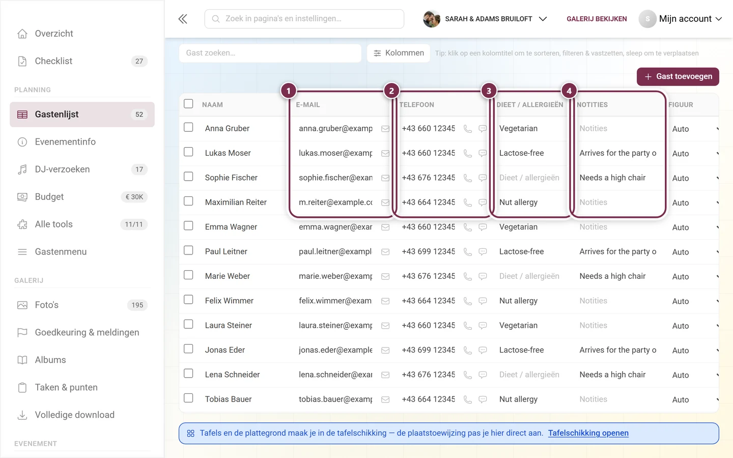 Kolommen e-mail, telefoon, dieet en notities van de gastenlijst, alle vier gemarkeerd