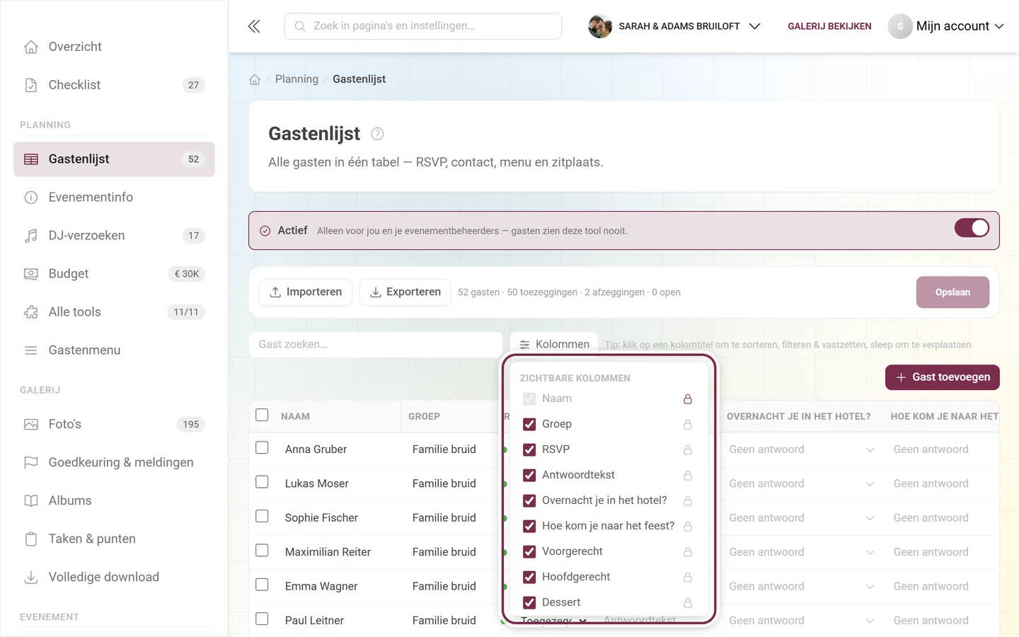 Gastenlijst met opengeklapt menu Zichtbare kolommen