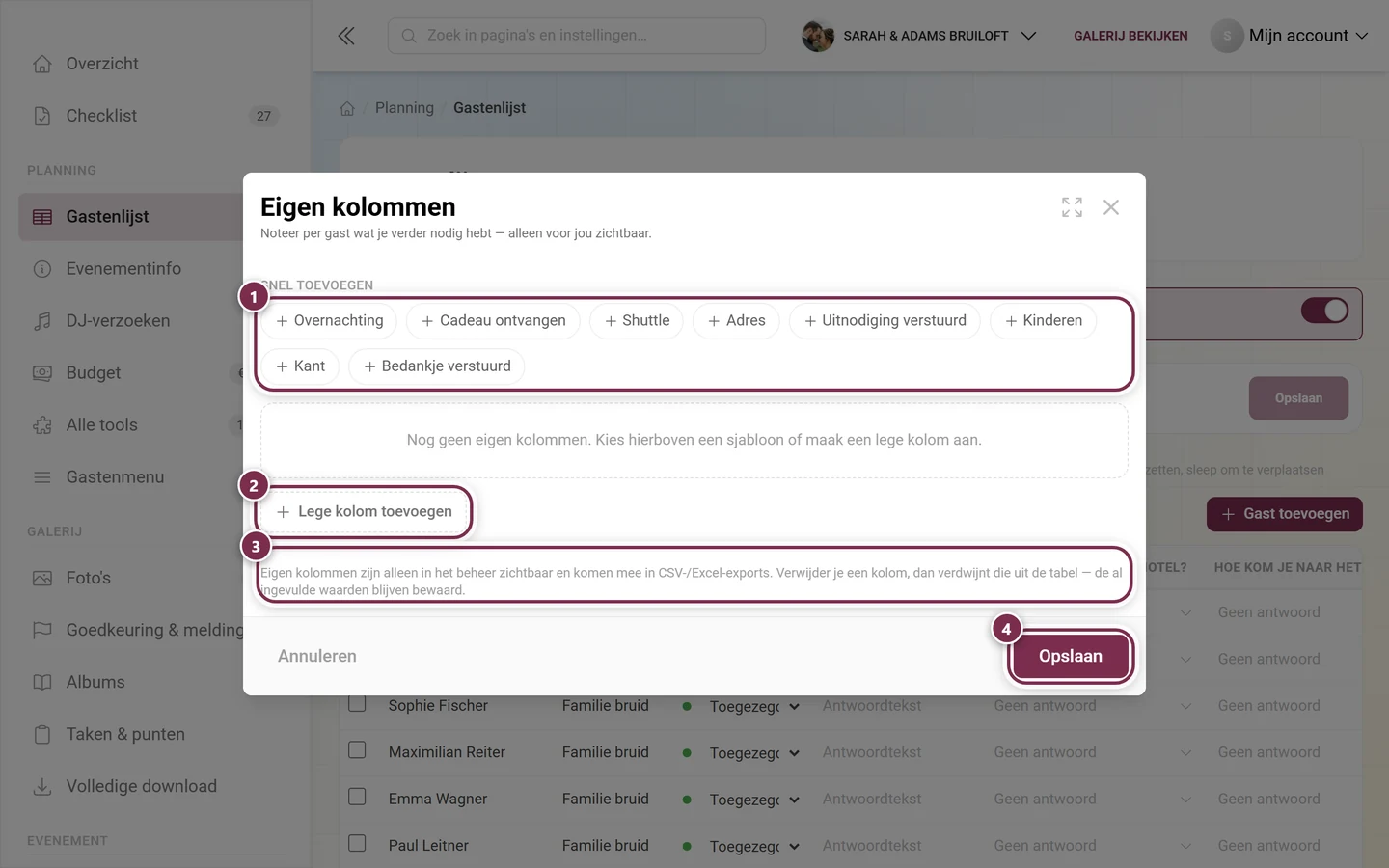 Dialoog Eigen kolommen met gemarkeerd sjablonenraster, Lege kolom toevoegen, de admin-melding en Opslaan