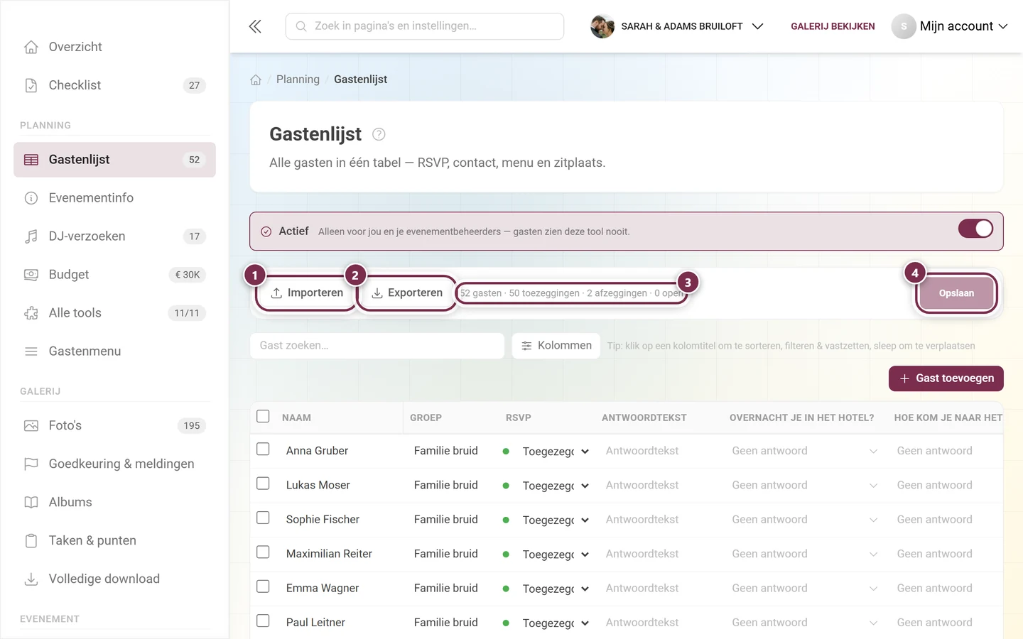 Actiebalk van de gastenlijst met gemarkeerd Importeren, Exporteren, de telregel en de knop Opslaan