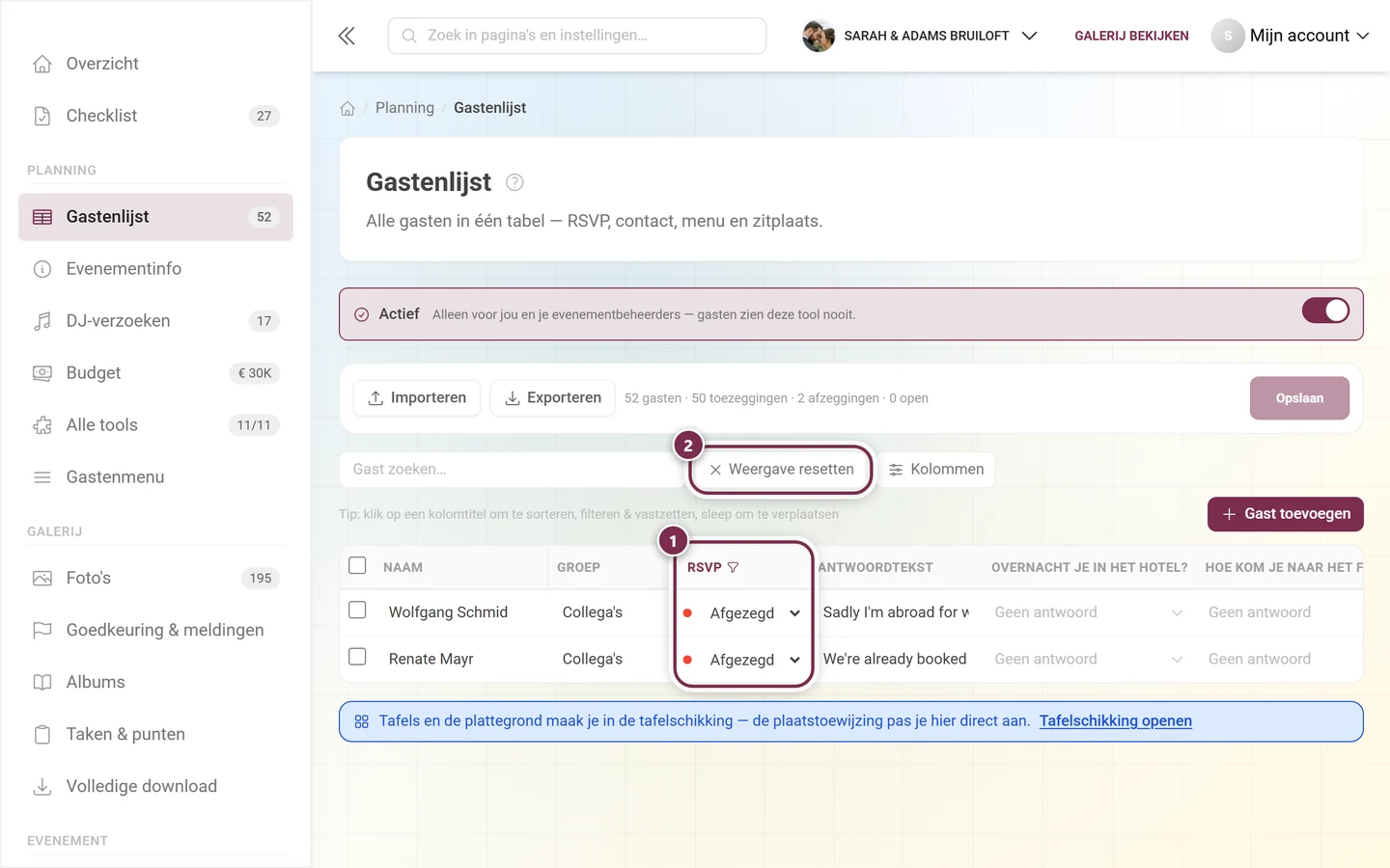 Gastenlijst met gemarkeerde gefilterde RSVP-kolom en gemarkeerde knop Filters wissen