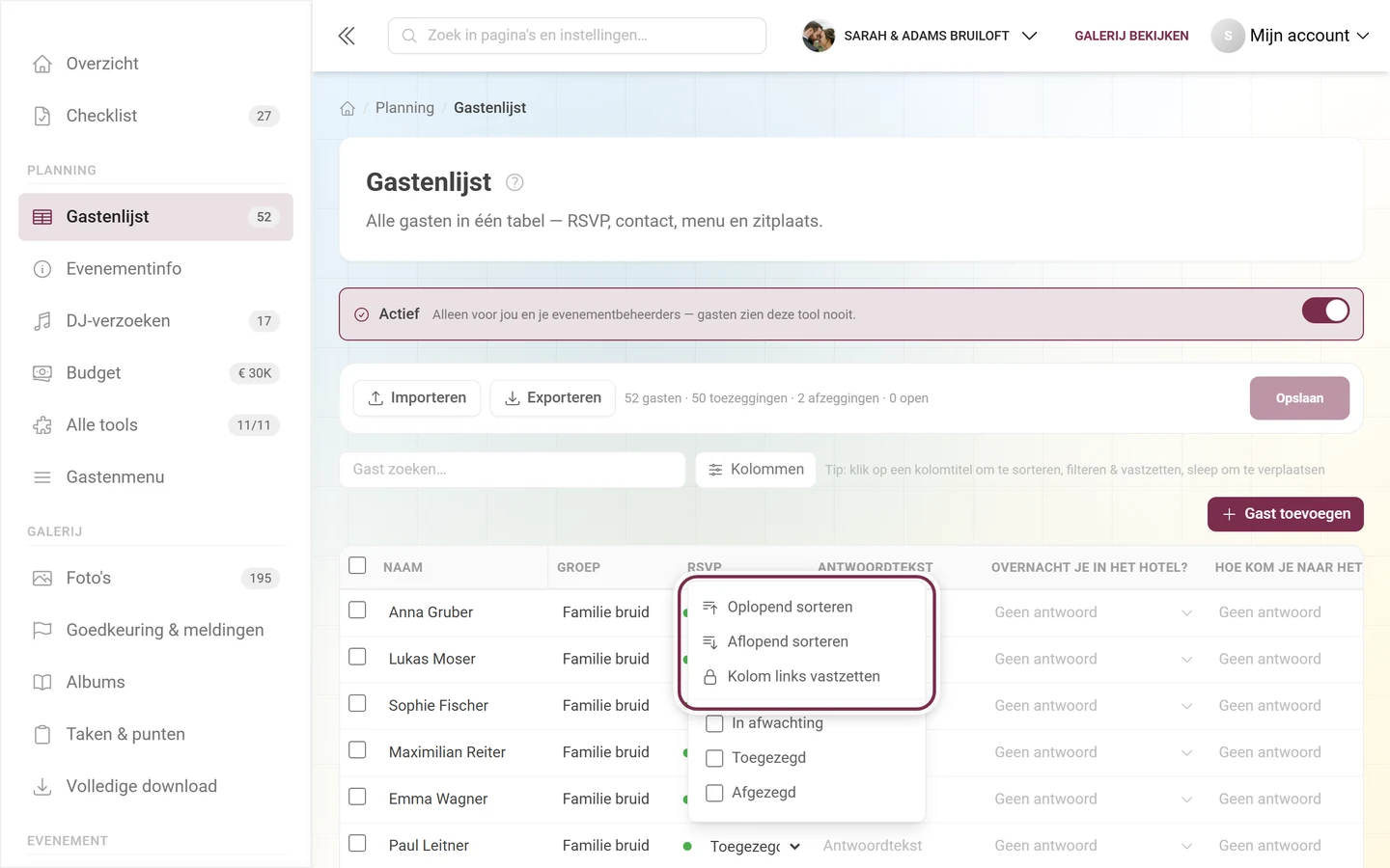 Gastenlijst met het opengeklapte menu van de kolomkop RSVP inclusief filterwaardelijst