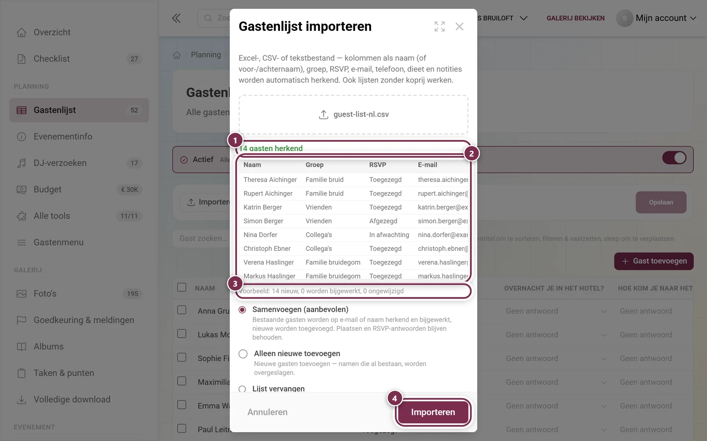 Importdialoog van de gastenlijst met gemarkeerde bestandsregel, voorbeeldtabel, samenvoegvoorbeeld en knop Importeren