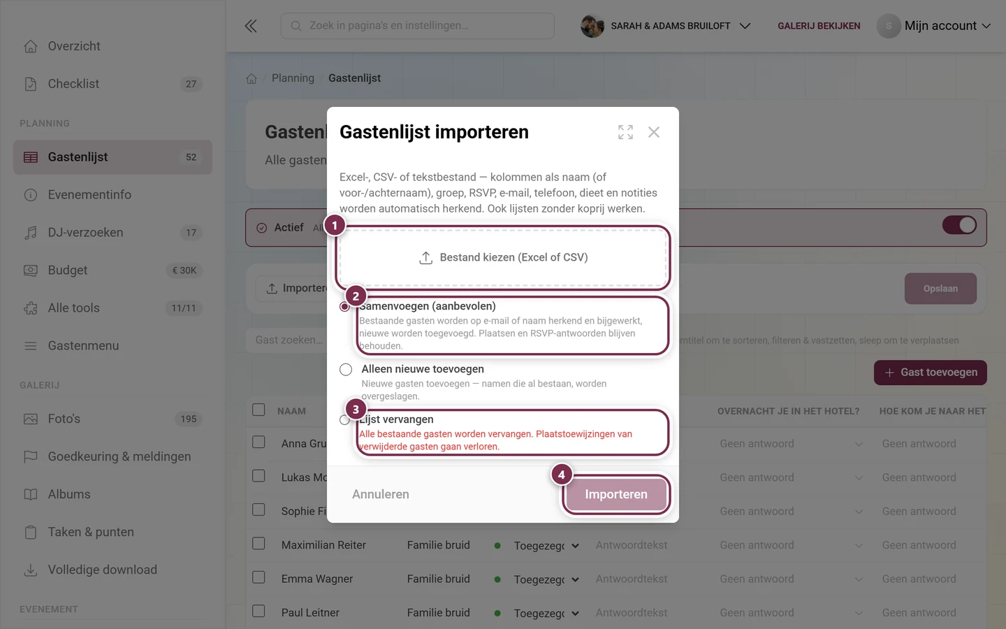 Dialoog Gastenlijst importeren met gemarkeerde bestandskeuze, de modi Samenvoegen en Lijst vervangen en de knop Importeren