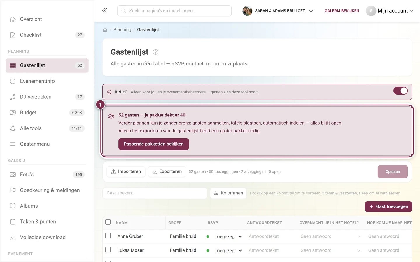 Gastenlijst met gemarkeerd contingentvak boven de actiebalk