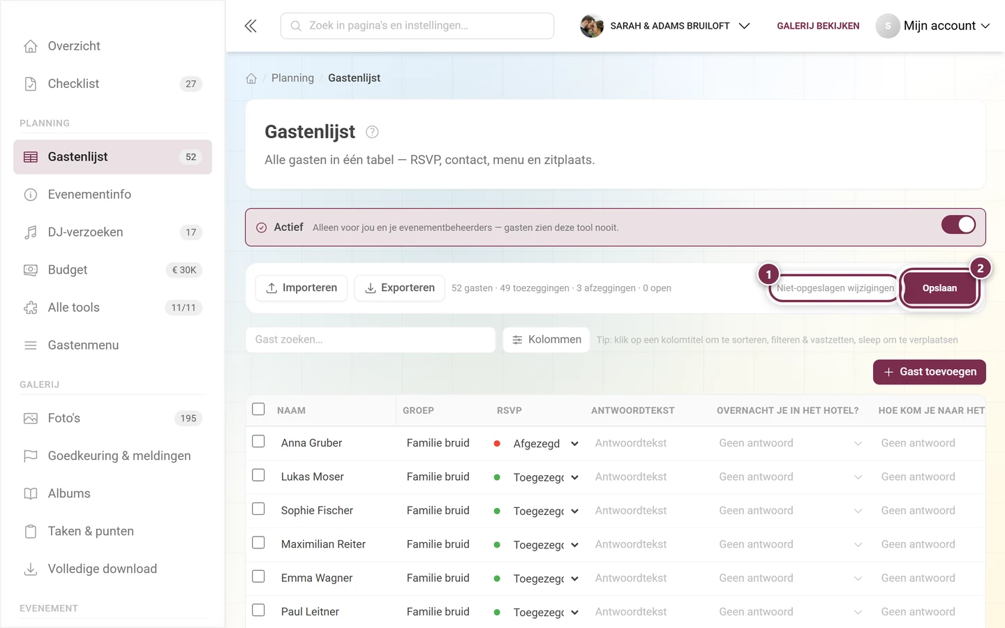 Actiebalk van de gastenlijst met gemarkeerde melding Niet-opgeslagen wijzigingen en actieve knop Opslaan