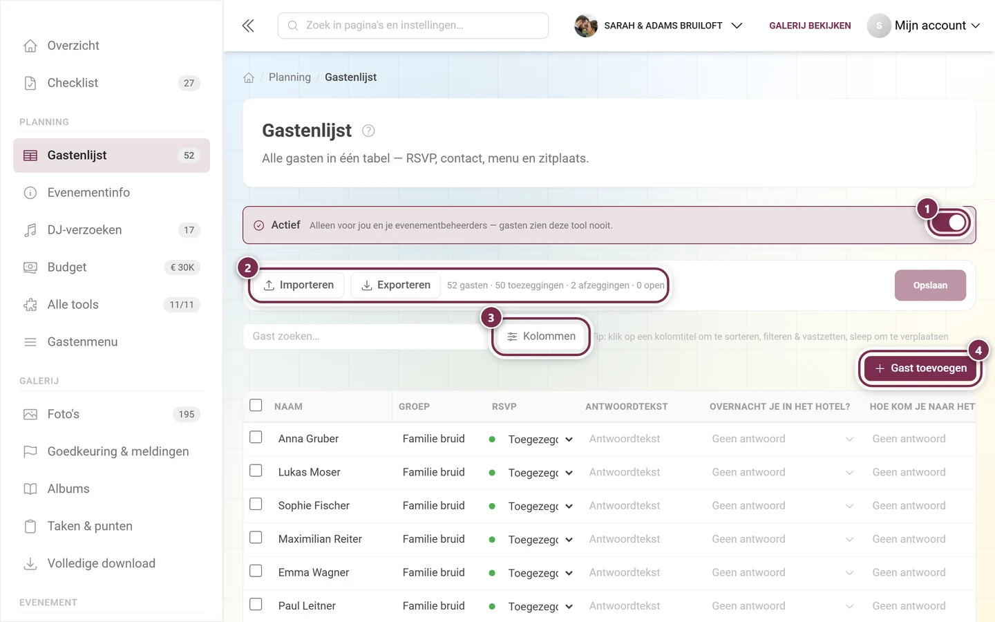 Gastenlijst met gemarkeerde Actief-schakelaar, Importeren en Exporteren, knop Kolommen en Gast toevoegen