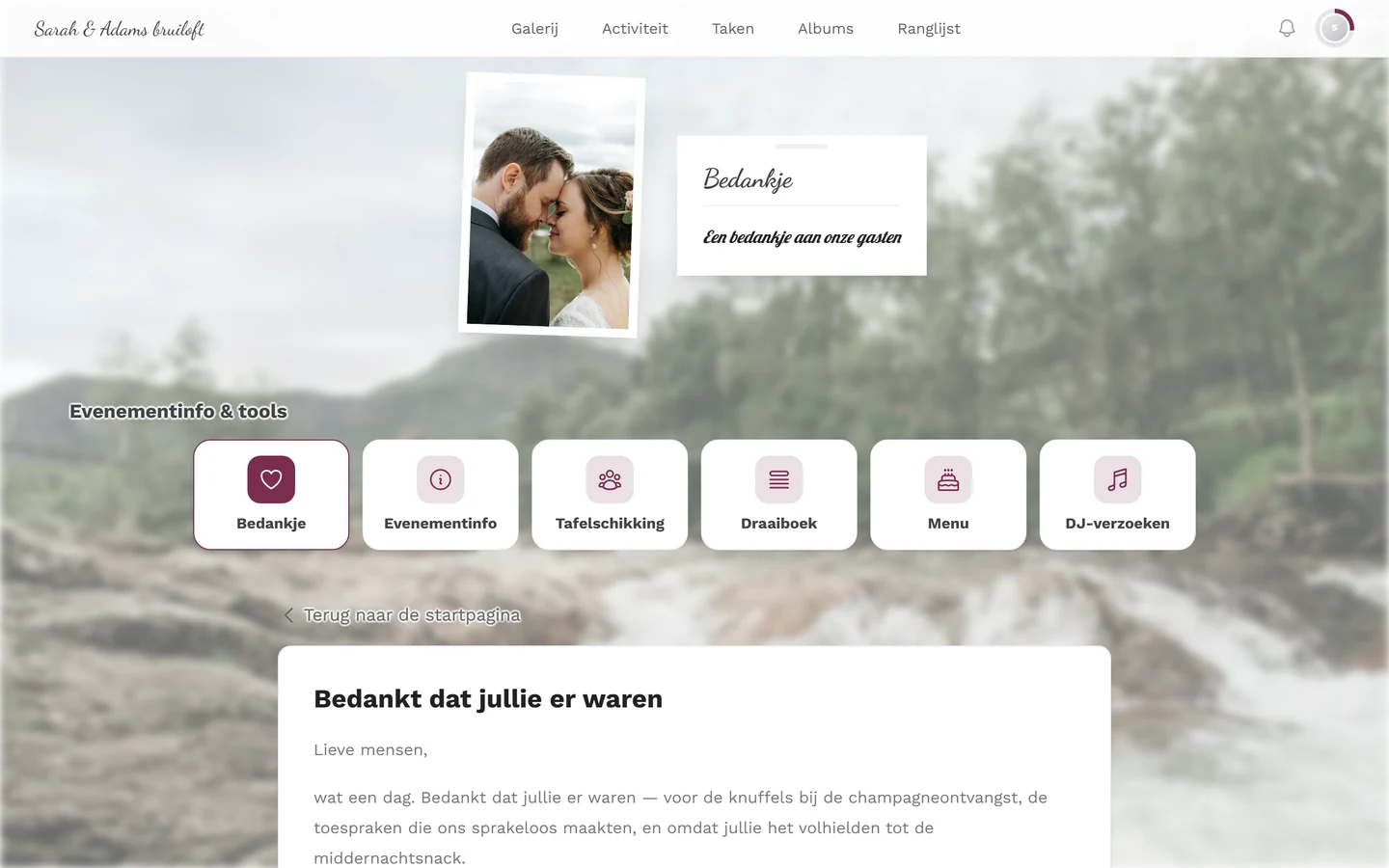 Bedankpagina in gastweergave met titel, tekst en de gemarkeerde tegel Bedankpagina