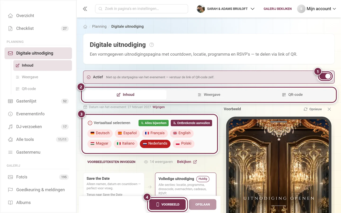 Editor van de digitale uitnodiging met gemarkeerde hoofdschakelaar, tabbladen, taalblok en voorbeeldknop