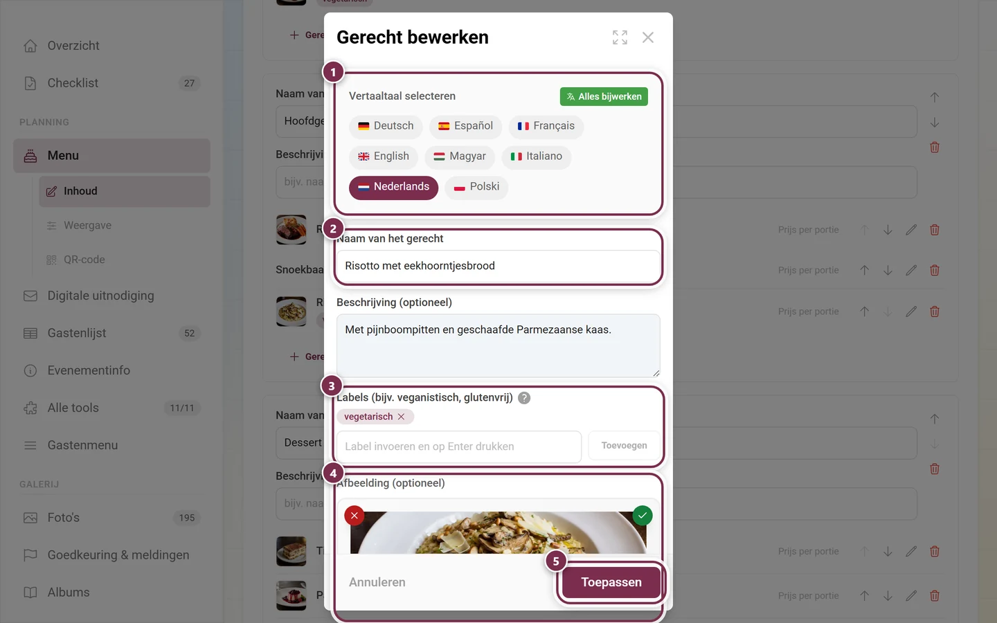 Dialoog Gerecht bewerken met taalkeuze, naam, beschrijving, de chip vegetarisch en een foto in het afbeeldingsveld