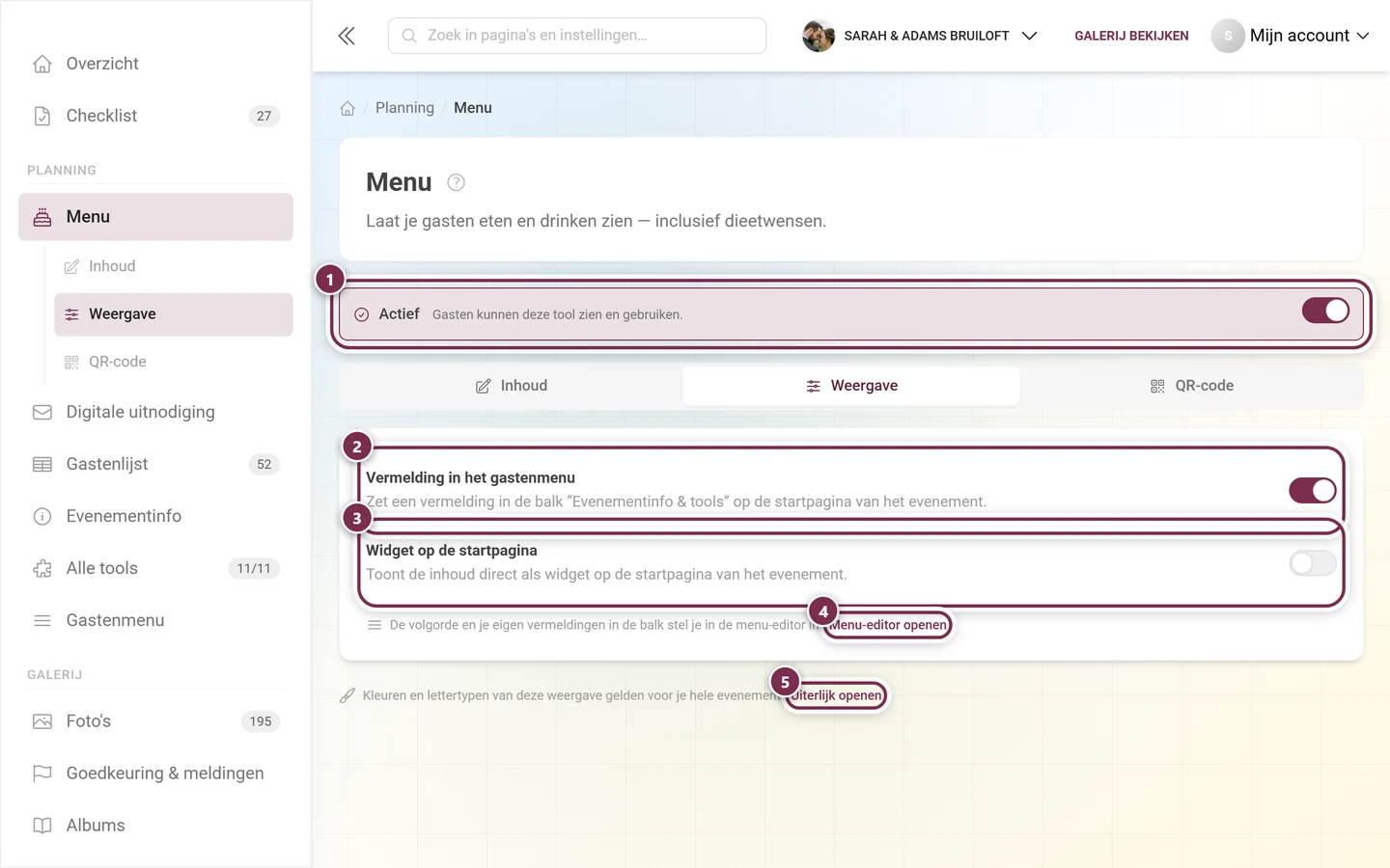 Tabblad Weergave van de menu-tool met de schakelaar Actief, Vermelding in het gastenmenu en Widget op de startpagina